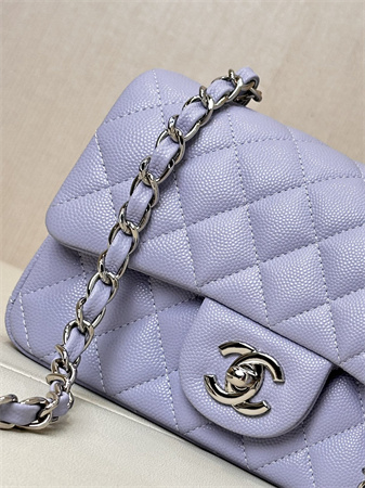 Chanel Mini Classic Flap Bag Grained Calfskin Silver Tone Metal Lt Purple Color 01116 TOP
