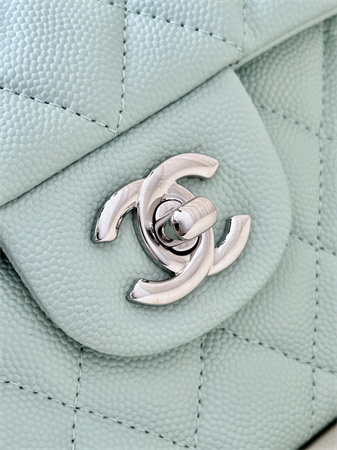 Chanel Medium Classic Flap Bag Grained Calfskin Silver Tone Metal Mint 01112 TOP