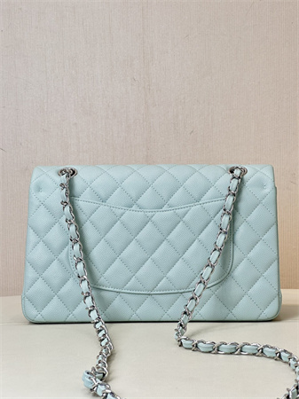 Chanel Medium Classic Flap Bag Grained Calfskin Silver Tone Metal Mint 01112 TOP