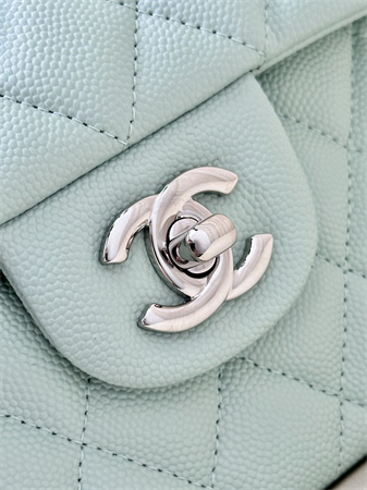 Chanel Small Classic Flap Bag Grained Calfskin Silver Tone Metal Mint 01117 TOP