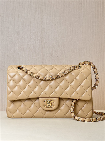 Chanel Medium Classic Flap Bag Lambskin Gold Tone Metal Beige 01112 TOP