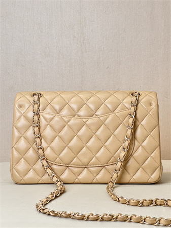 Chanel Medium Classic Flap Bag Lambskin Gold Tone Metal Beige 01112 TOP