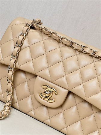 Chanel Small Classic Flap Bag Lambskin Gold Tone Metal Beige 01117 TOP