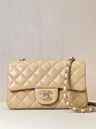 Chanel Mini Classic Flap Bag Lambskin Gold Tone Metal Beige Color 01116 TOP