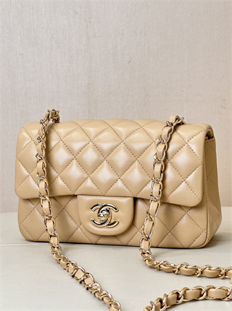 Chanel Mini Classic Flap Bag Lambskin Gold Tone Metal Beige Color 01116 TOP
