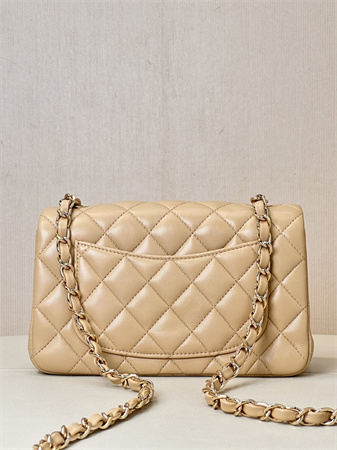 Chanel Mini Classic Flap Bag Lambskin Gold Tone Metal Beige Color 01116 TOP