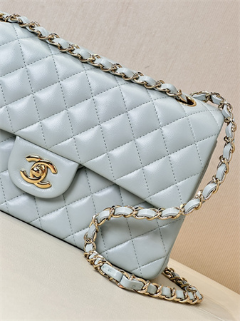 Chanel Medium Classic Flap Bag Lambskin Gold Tone Metal Baby Blue 01112 TOP