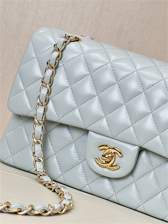 Chanel Medium Classic Flap Bag Lambskin Gold Tone Metal Baby Blue 01112 TOP