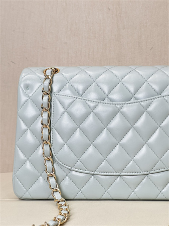 Chanel Medium Classic Flap Bag Lambskin Gold Tone Metal Baby Blue 01112 TOP