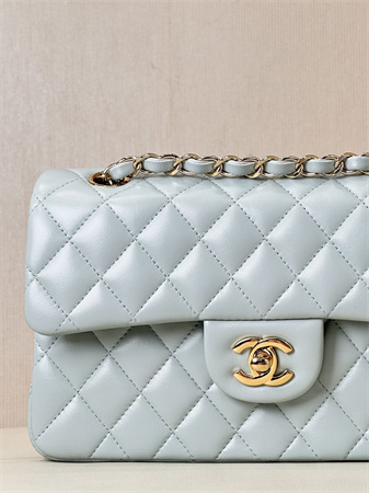 Chanel Small Classic Flap Bag Lambskin Gold Tone Metal Baby Blue 01117 TOP