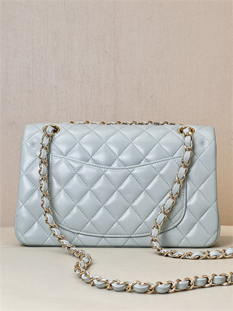 Chanel Small Classic Flap Bag Lambskin Gold Tone Metal Baby Blue 01117 TOP