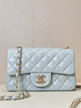 Chanel Mini Classic Flap Bag Lambskin Gold Tone Metal Baby Blue Color 01116 TOP