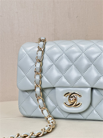 Chanel Mini Classic Flap Bag Lambskin Gold Tone Metal Baby Blue Color 01116 TOP