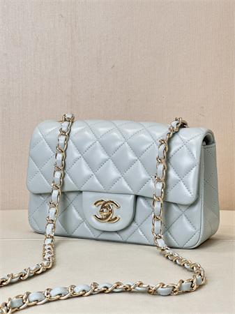 Chanel Mini Classic Flap Bag Lambskin Gold Tone Metal Baby Blue Color 01116 TOP
