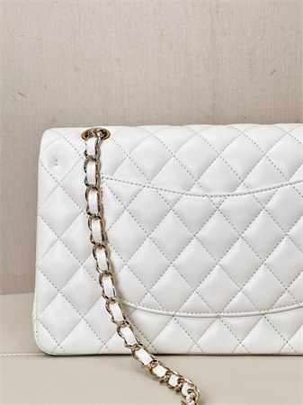 Chanel Medium Classic Flap Bag Lambskin Gold Tone Metal White 01112 TOP