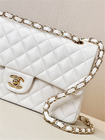 Chanel Medium Classic Flap Bag Lambskin Gold Tone Metal White 01112 TOP