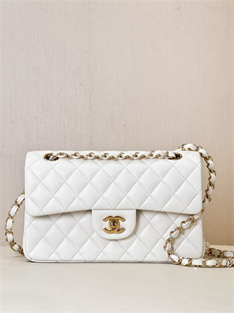 Chanel Small Classic Flap Bag Lambskin Gold Tone Metal White 01117 TOP