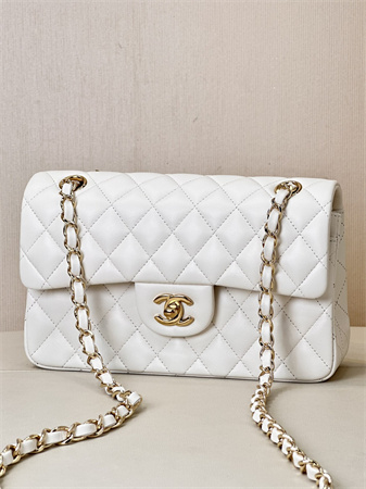 Chanel Small Classic Flap Bag Lambskin Gold Tone Metal White 01117 TOP