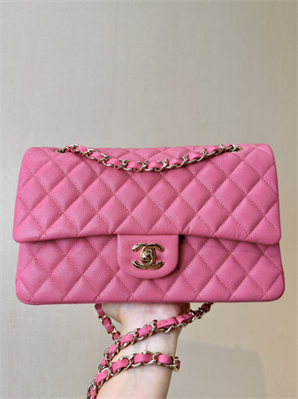 Chanel Medium Classic Flap Bag Grained Cafskin Gold Tone Metal Fuchsia 01112 TOP