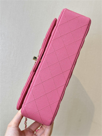 Chanel Medium Classic Flap Bag Grained Cafskin Gold Tone Metal Fuchsia 01112 TOP