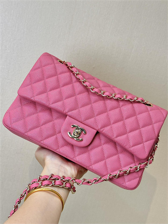 Chanel Medium Classic Flap Bag Grained Cafskin Gold Tone Metal Fuchsia 01112 TOP
