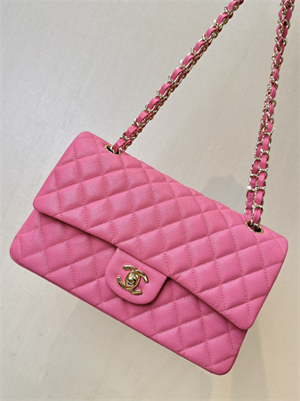 Chanel Medium Classic Flap Bag Grained Cafskin Gold Tone Metal Fuchsia 01112 TOP