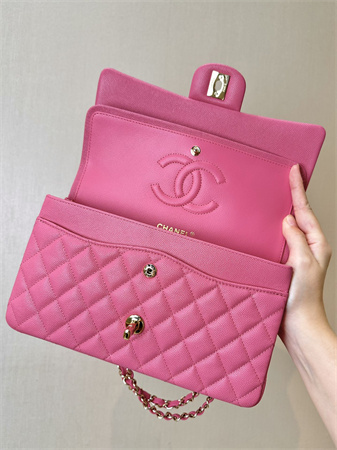 Chanel Medium Classic Flap Bag Grained Cafskin Gold Tone Metal Fuchsia 01112 TOP