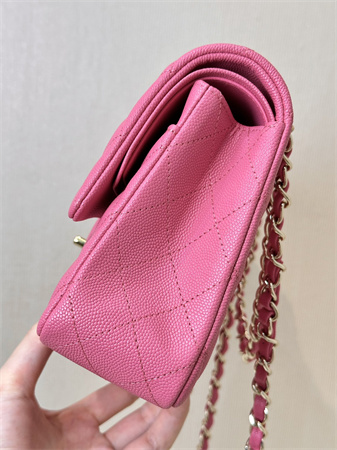 Chanel Medium Classic Flap Bag Grained Cafskin Gold Tone Metal Fuchsia 01112 TOP