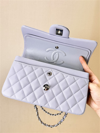 Chanel Small Classic Flap Bag Grained Calfskin Silver Tone Metal Lt Purple 01117 TOP