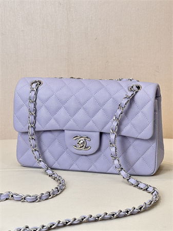 Chanel Small Classic Flap Bag Grained Calfskin Silver Tone Metal Lt Purple 01117 TOP