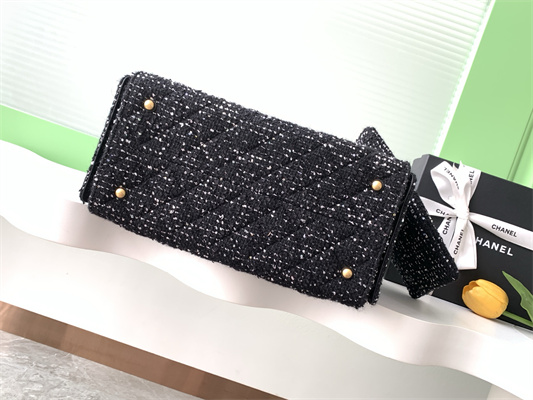 Chanel 25 Medium Handbag Tweed Gold Tone Metal Black AS5311