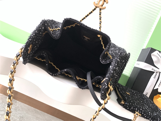 Chanel 25 Medium Handbag Tweed Gold Tone Metal Black AS5311
