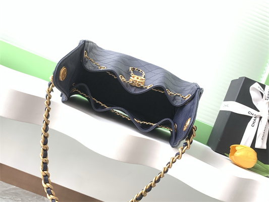 Chanel 25 Small Handbag Grained Calfskin Gold Tone Metal Navy AS5293