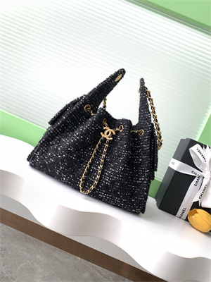 Chanel 25 Small Handbag Tweed Gold Tone Metal Black AS5293