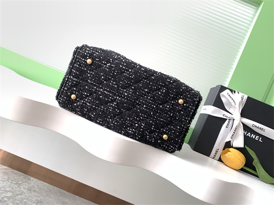 Chanel 25 Small Handbag Tweed Gold Tone Metal Black AS5293