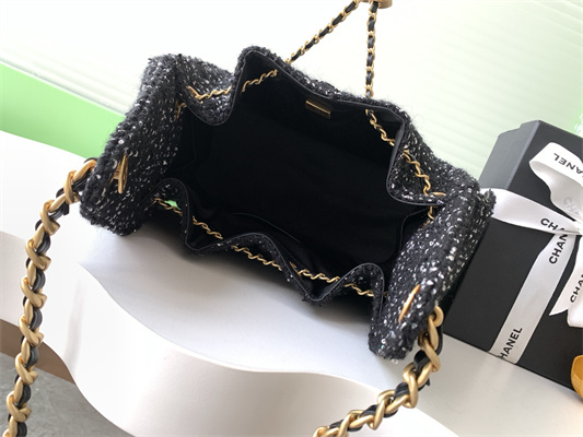Chanel 25 Small Handbag Tweed Gold Tone Metal Black AS5293
