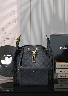 Chanel 25 Medium Handbag Black Denim Gold Tone Metal AS5311