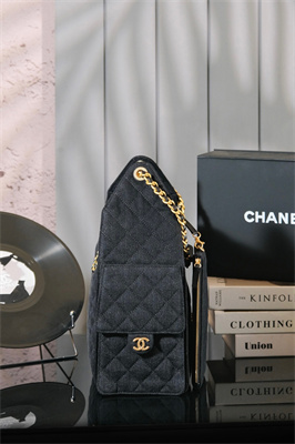 Chanel 25 Medium Handbag Black Denim Gold Tone Metal AS5311