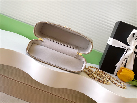 Chanel Vanity With Chain Shinny Lambskin , Strass & Gold-Tone Metal Light Grey AP4804