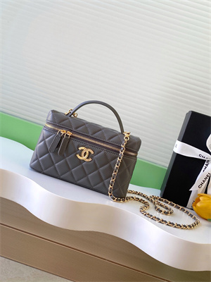 Chanel Vanity With Chain Shinny Lambskin , Strass & Gold-Tone Metal Dk Grey AP4804