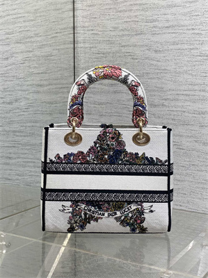 CD Medium Lady D-Lite Bag  Embroidery White Multicolors