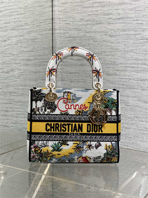 CD Medium Lady D-Lite Bag  Embroidery White/Yellow Multicolors