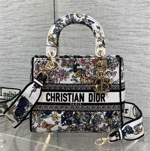 CD Medium Lady D-Lite Bag  Embroidery White Multicolors