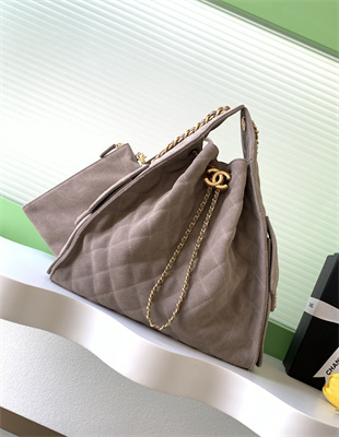 Chanel 25 Medium Handbag Suede Gold Tone Metal Taupe AS5311