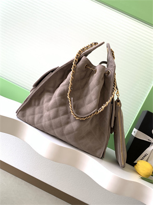 Chanel 25 Medium Handbag Suede Gold Tone Metal Taupe AS5311