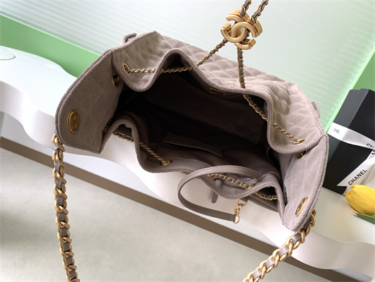 Chanel 25 Medium Handbag Suede Gold Tone Metal Taupe AS5311