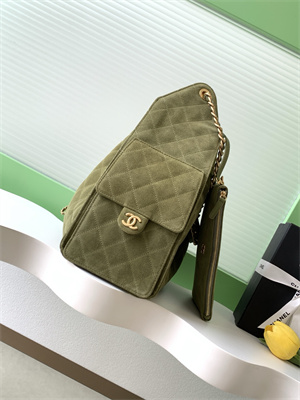 Chanel 25 Medium Handbag Suede Gold Tone Metal Green AS5311