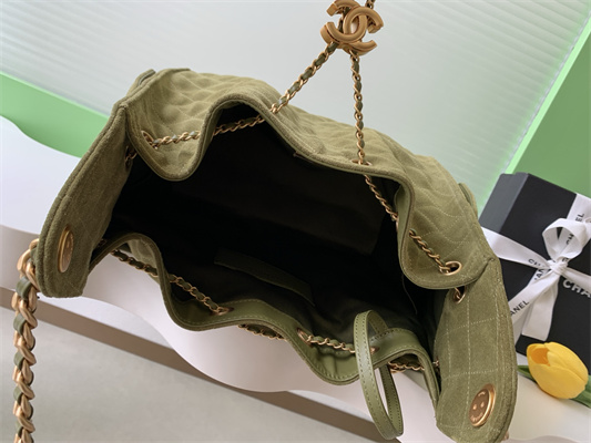 Chanel 25 Medium Handbag Suede Gold Tone Metal Green AS5311