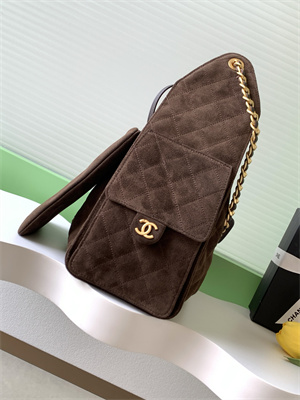 Chanel 25 Medium Handbag Suede Gold Tone Metal Coffee AS5311