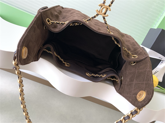 Chanel 25 Small Handbag Suede Gold Tone Metal Coffee AS5293